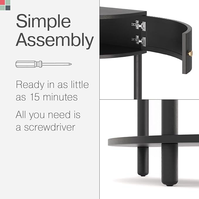 Stead Entryway Table Fluted Half Moon Console - Semicircular, Black Oak Veneer - Hidden Storage with Two Fluted Doors & Brass Knobs - Modern Narrow Console Table for Living Room & Hallway