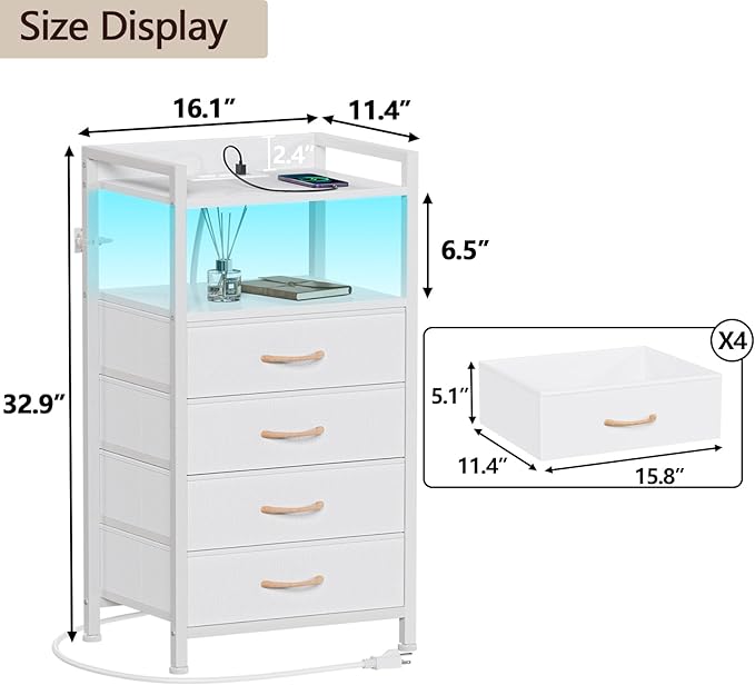 Furnulem White Nightstand with Charging Station, Night Stand Side Table with Led Light, Tall Dresser for Bedroom with 4 Fabric Storage Drawers, Metal Frame, Wood Shelf(White)