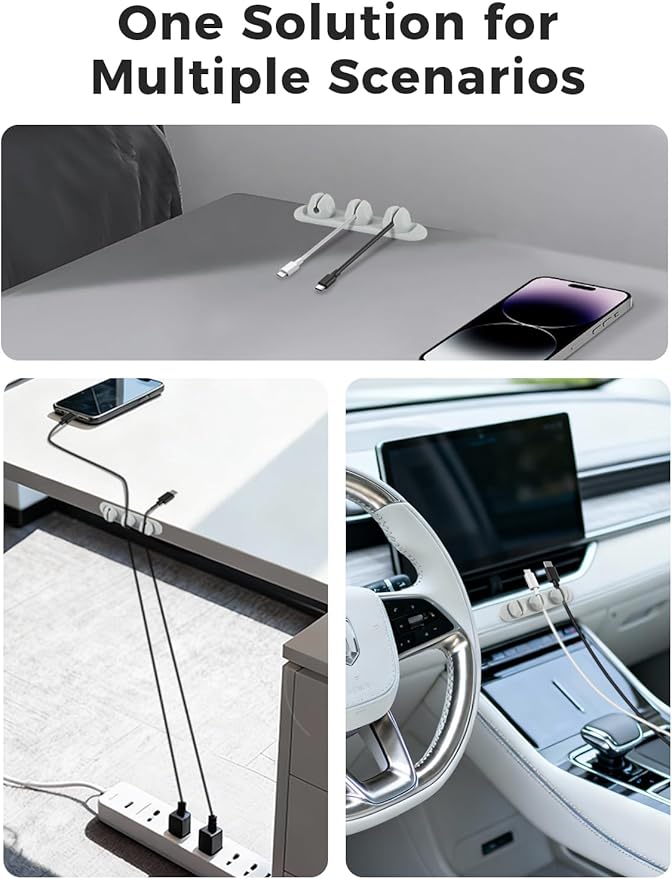 Magnetic Silicone Cable Clips with No-Residue Strong Adhesive – Desk, Under-Desk, Nightstand, Wall, Car, Office & Home Cord Organizer for Cable Management - Gray