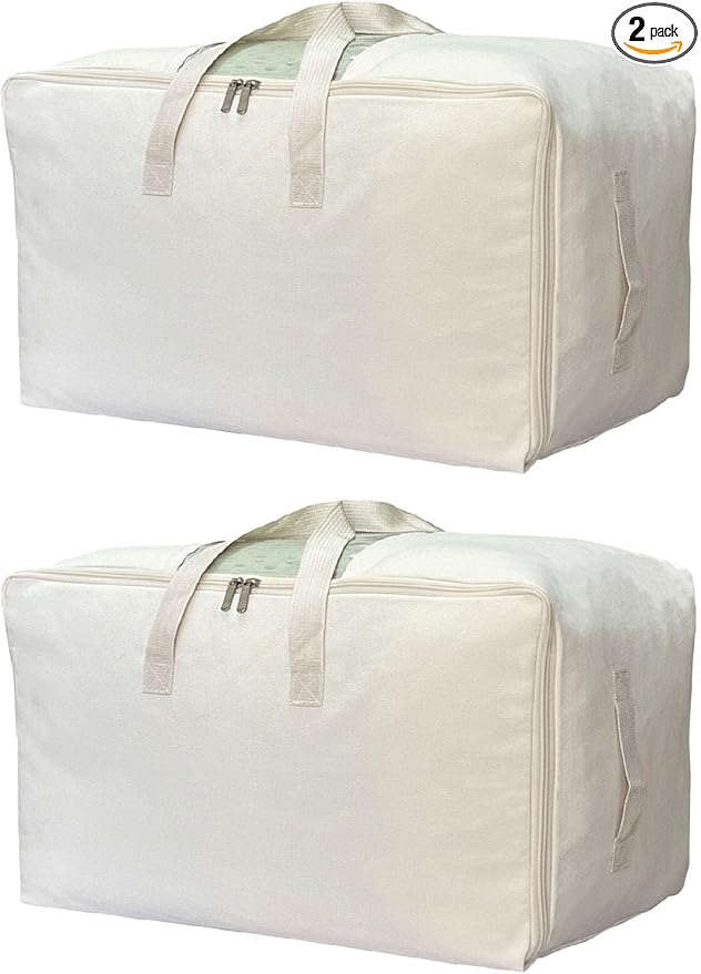 DoYiKe Soft Canvas Clothes Storage Bags with Four Carrying Handles and Clear Window, Closet Organizer for Clothing, Blankets Sheets and Bedding, 55L, 2 Pack, Beige