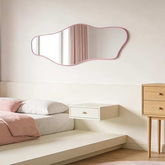 Large Irregular Mirror, 60"x24" Pink Asymmetrical Tempered Glass Mirror, Modern Organic Shape Frameless Mirrors for Living Room Bedroom Hallway Entryway, Horizontal or Vertical Hanging