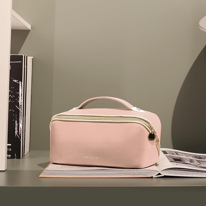 Prite Makeup Bag for Women Travel Waterproof Vegan Leather Cosmetic Bag Open Flat Toiletry Bag With Clear Divider and Handle (Pink, Large Pro)