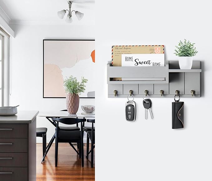 RelaxScene Key Holder Wall Mount - Key Hooks for Wall Decor Living Room - Wooden Key Hanger Rack and Mail Organizer with Shelf for Home Essentials - Modern Entryway House Decor Aesthetic