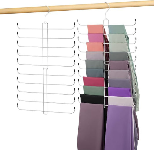 2 Pack Legging Hanger, Metal Hanging Legging Hangers for Closet Organizer Holds 40 Women's XS-XL & Girls' Leggings, 360° Rotating Foldable Yoga Pants Hangers Space Saving, Silver