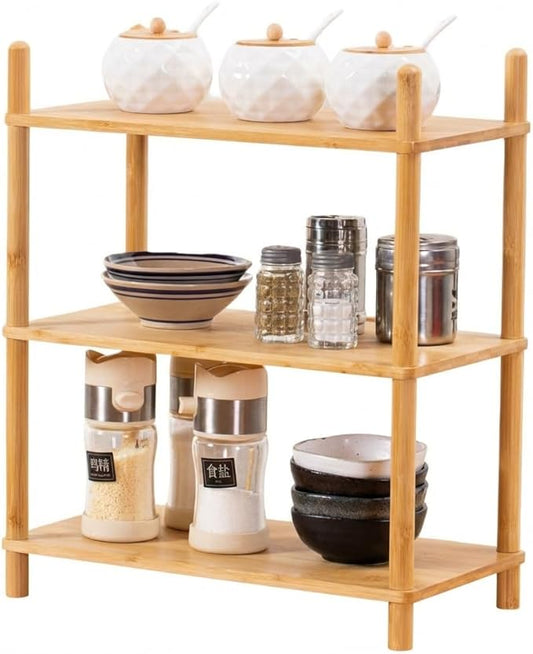 3-Tier Expandable Bamboo Desktop Organizer Shelf Kitchen Cabinet and Counter Riser Display Shelf for Top of Desk Home Office Bathroom Coffee Table Display Stand,Natural