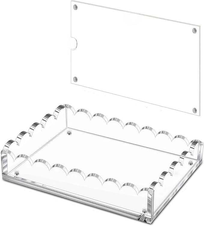 9"x6"x3" Scalloped Acrylic Tray with Magnetic Mat– Interchangeable Display for Photos, Art, Messages – Decorative Vanity Organizer, Serving Tray for Coffee Bar, Kitchen & Elegant Gift