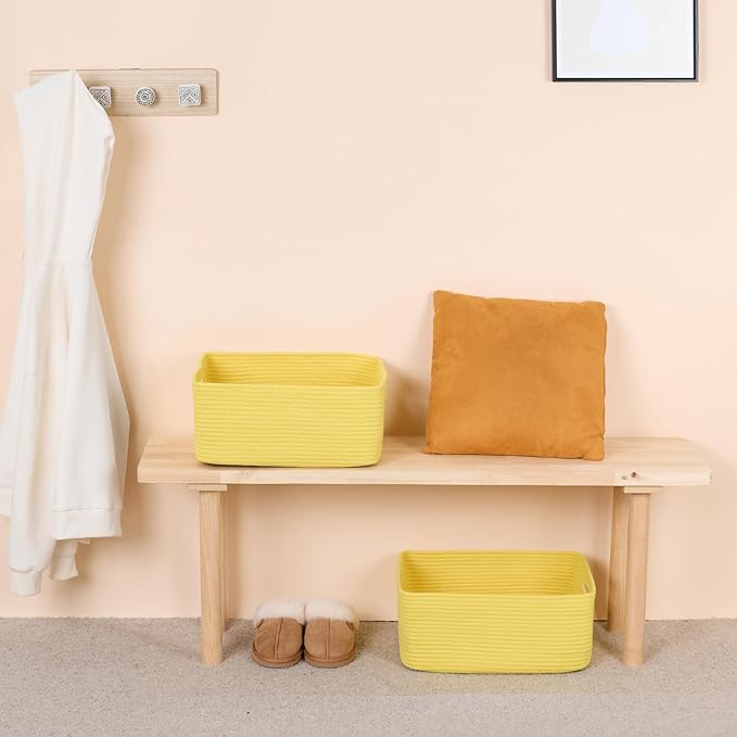 MiniArk Large Storage Baskets for Shelves, Closet Organizers Bins for Clothes Blanket Towels, Baby Nursery, Toy Baskets Box, Woven Rope Baskets, 17 x 13 x 7.5”, 2 Packs Yellow