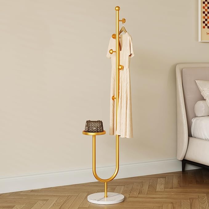 Coat Rack,Metal Free Standing Coat Stand with marble base, Hall Coat Tree with 6 Hooks and Storage Tray,68.9 Inch Tall, for Coats, Hats, Bags, for Entryway, Hallway, Bedroom