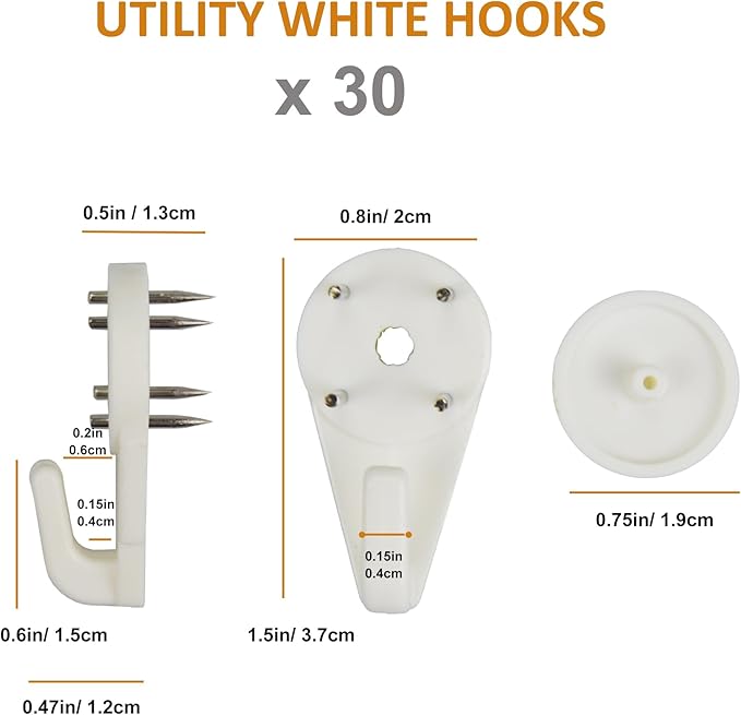 Light Hooks for Concrete Walls: 30 Pack Small Utility Wall-Mount Hangers - Outdoor String Lights Clips - Hanging Decoration Plants Shelves Picture Tapestry Heavy Duty for Wooden Cement Stucco (White)