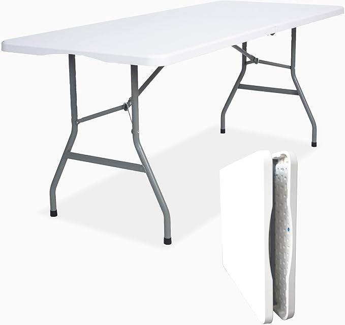 Folding Table 6ft Foldable Table with Built in Handle & Steel Legs / 6FT Heavy Duty Folding Portable,Perfect for Party, Dining Indoor/Outdoor Events, Tailgating & Backyard BBQ, White