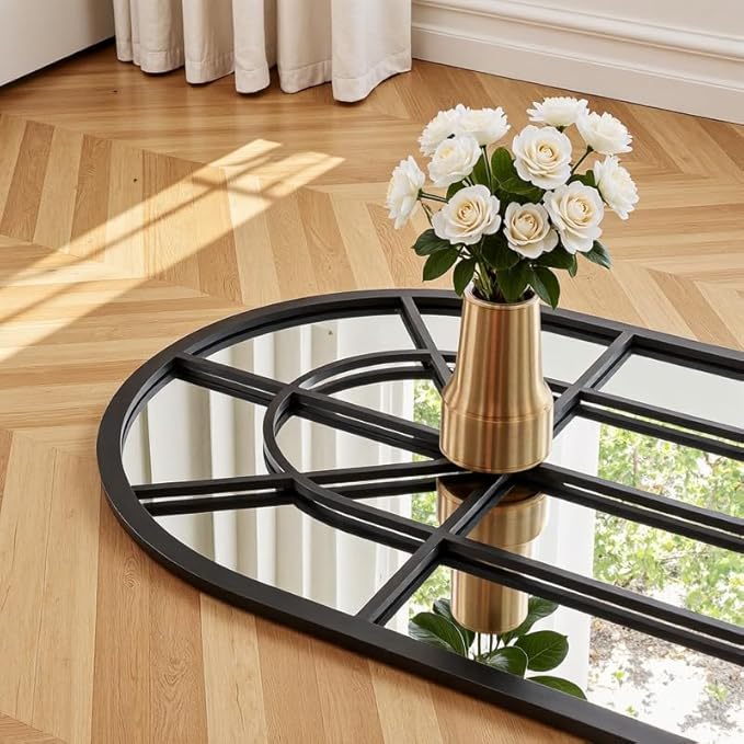 OGCAU Full Length Mirror, 65"x22" Arched Window Floor Length Mirror, Hanging or Leaning, Full Body with Iron Frame, Window Pane Wall Mounted Home Decor for Bedroom Living Room (Black)