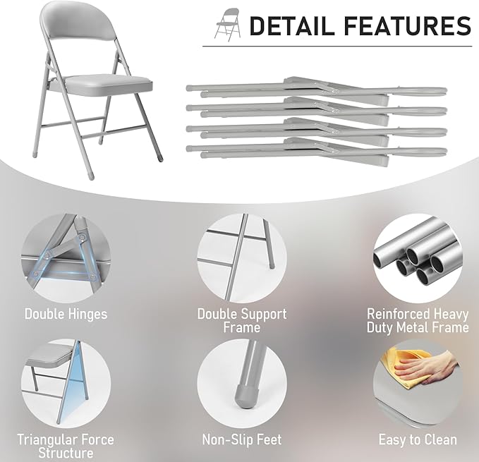 6 Pack Gray Folding Chairs with Padded Cushion and Back for Outside Portable Stackable Commercial Foldable Chairs with Steel Frame for Events Office Wedding Party, 350lbs Capacity