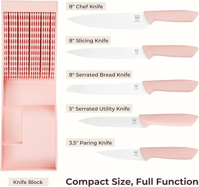 OOU In-Drawer Kitchen Knife Set, Space-Saving Cutlery and Kitchen Organizer, Includes Chef, Bread, Santoku, Utility and Paring Knives, 6-Piece, Pink