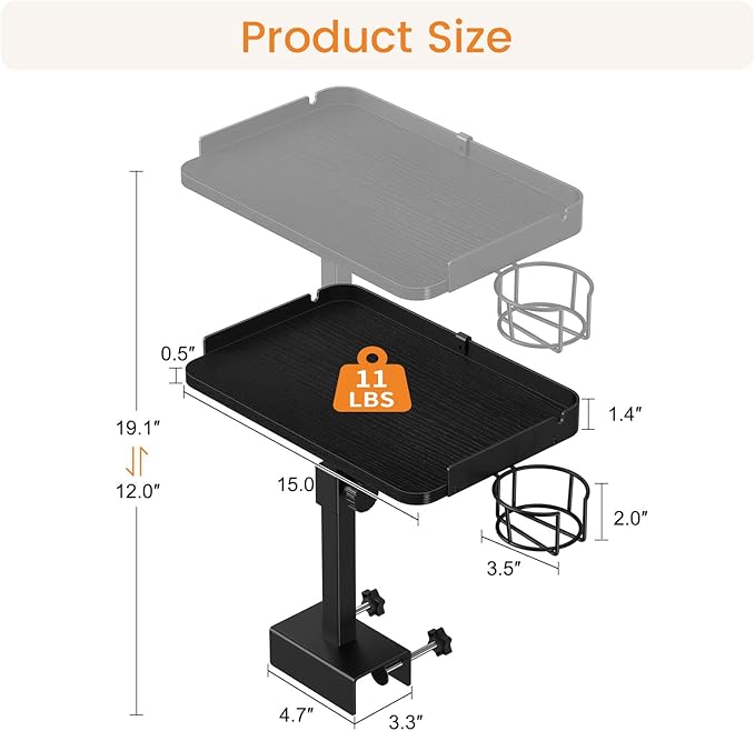 Snughome Clamp On Bedside Shelf for Bunk Bed - Adjustable Height Bedside Table Tray with Cup Holder & Cable Holes, Sturdy Nightstand Organizer Top Bunk Bed Accessories for College Dorm Apartment