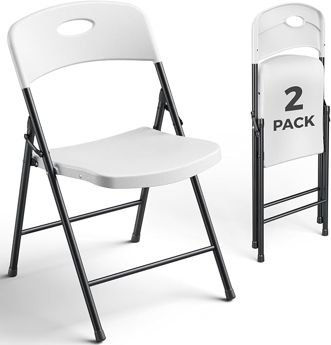 2 Pack White Folding Chair, Plastic Portable Stackable Commercial Seats with Steel Frame 350lb, Heavy Duty Foldable Chair for Indoor and Outdoor, Patio, Office, Picnic, Kitchen, Events