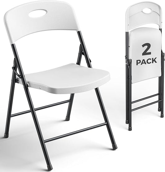 2 Pack White Folding Chair, Plastic Portable Stackable Commercial Seats with Steel Frame 350lb, Heavy Duty Foldable Chair for Indoor and Outdoor, Patio, Office, Picnic, Kitchen, Events