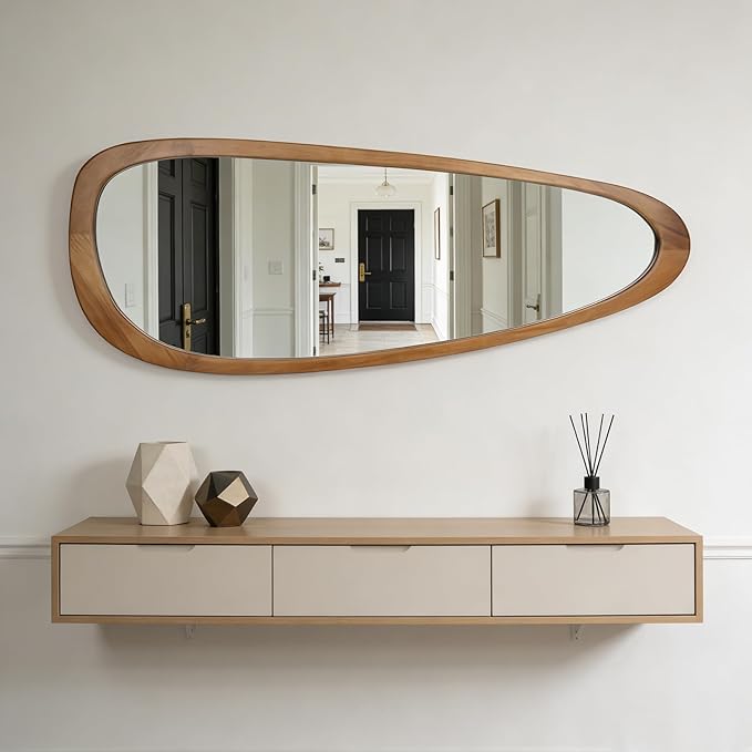 Ruomeng Full Length Irregular Wall Mirror, 60 x 22 Inch Wooden Mirror, Boho Large Decorative Asymmetrical Mirror for Bathroom, Living Room, Bedroom, Entryway, Farmhouse, Tempered Glass, Shatterproof