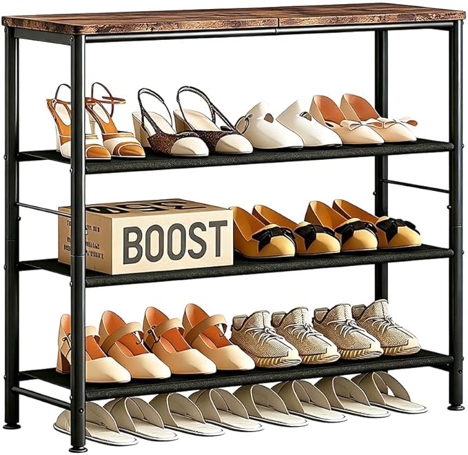 INGIORDAR Shoe Rack Organizer 4 Tier Metal Organizer Shelf with Industrial MDF Board and Layer Fabric for Entryway Closet Bedroom Living Room Garage,Black & Rustic Brown (Black+Rustic Brown, 4 Tier)