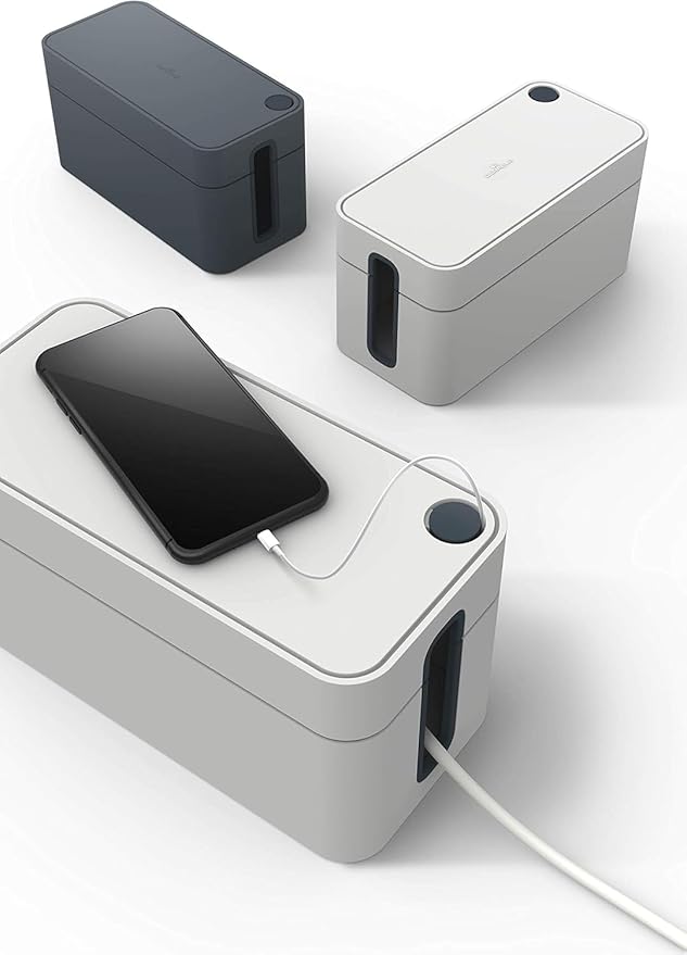 Durable Cavoline Cable Management Box S - Safely Store Power Blocks and Cables - USB Cable Outlet for Charging Devices - Made of Flame Retardant Plastic - Small Box in Graphite