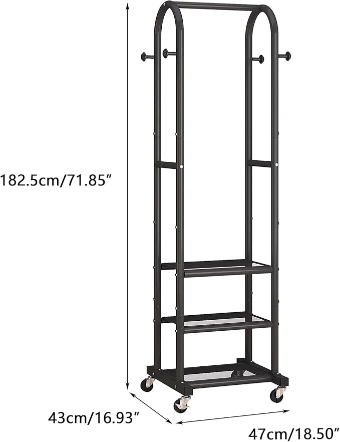 Dttwacoyh Narrow Hall Tree for Small Space, Small Coat Rack with Shoe Shelves, Tall Free Standing Metal Garment Rack on Wheels and Hanging Hooks for Entryway, Mud Room, Laundry Room – Black