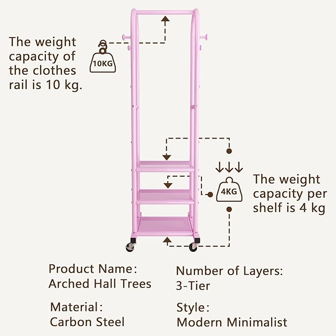 Dttwacoyh Hall Tree with Wheels and Hanging Hooks, Entryway Clothing Rack with Shoe Shelves,Pink Decorative Freestanding Metal Garment Rack Suitable for Hallway,Bedroom and Bathroom – Pink