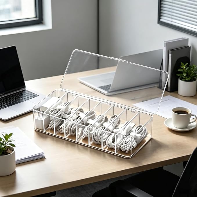 4Pcs cord organizer box with Lid, 10.2 x 3.5 x 2.2in, Desktop Cord Organizer with Compartments (4)