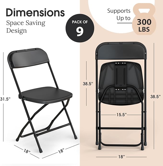 9 PACK White Foldable Plastic Chair | Folding & Stackable | 350 lbs Capacity Steel Frame Seats for Indoor Outdoor | Commercial Use Events Wedding Party Events Bulk Picnic Kitchen Dining