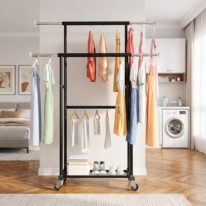 80" Tall Clothing Rack for Hanging Clothes 400 Lbs, Double Rod Rolling Clothes Rack with Lockable Wheels, Portable Garment Coat Rack for Bedroom Laundry Living Room, Black