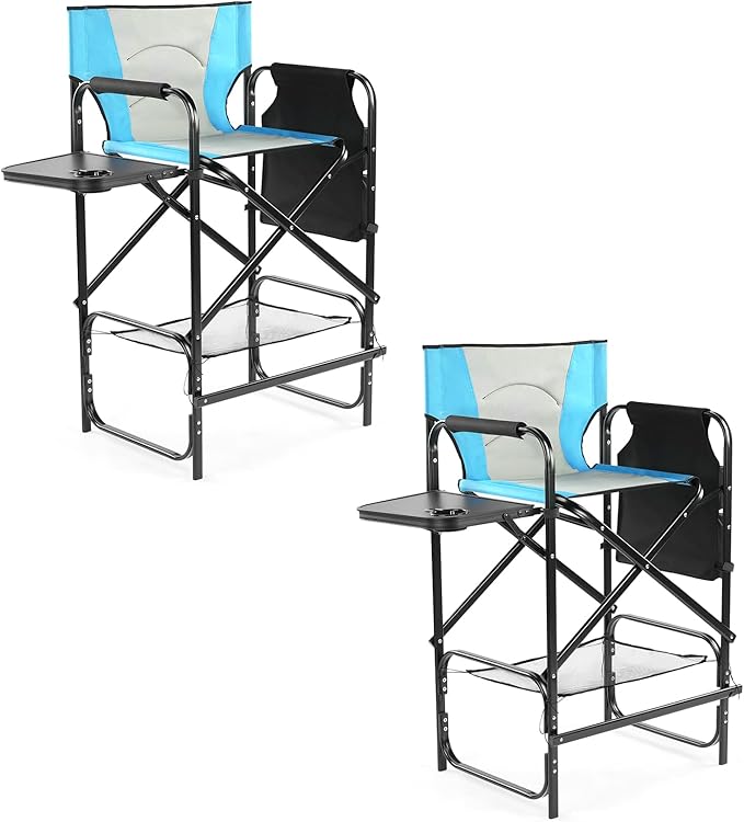 Outvita 2 Piece 31" Tall Directors Chair Height Seat Folding with Side Table Storage Bag, Support for 300Lbs Portable Makeup Artist Chair with Bar Height(Blue/Black)