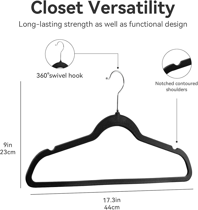 Premium Velvet Hangers 50 Pack, Non-Slip Suit Clothes Hangers, 360 Degree Swivel Hooks and Slim Profile to Maximize Closet Space Black/Silver
