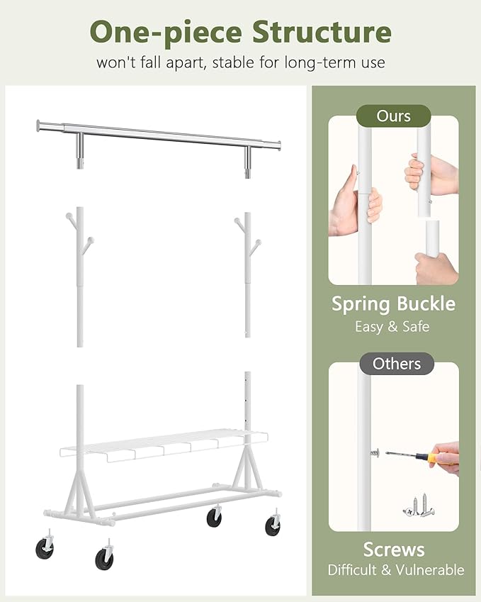 Hoctieon 1-Minute Assembly Clothes Rack, 480 lbs Heavy Duty Rolling Clothing Racks with Wheels, Foldable Garment Rack, Extendable Hanging Bar, Adjustable Metal Pole with Hooks, White