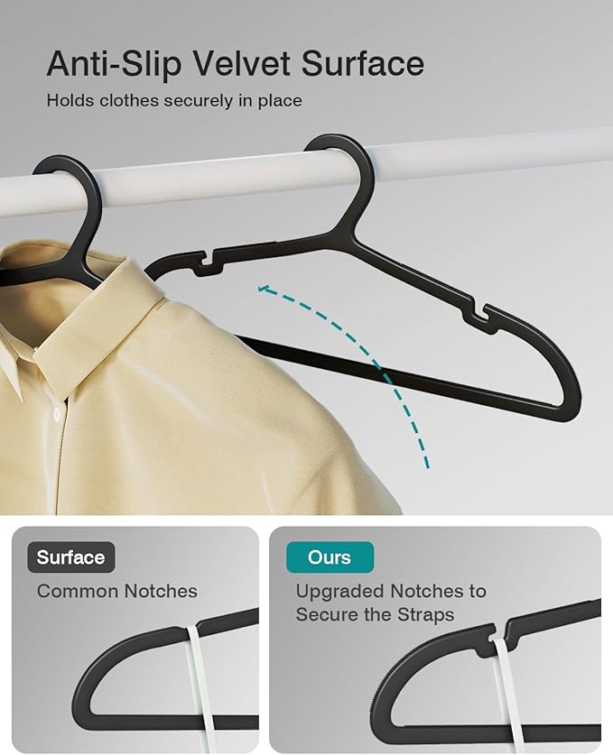 ABHENG 100 Pack Clothes Hangers, Non Slip Plastic Coat Hangers, Space Saving Hangers, Heavy Duty, Hanging Dry Wet Clothes, 16.4" x 8.3", Black, UAPY05100B