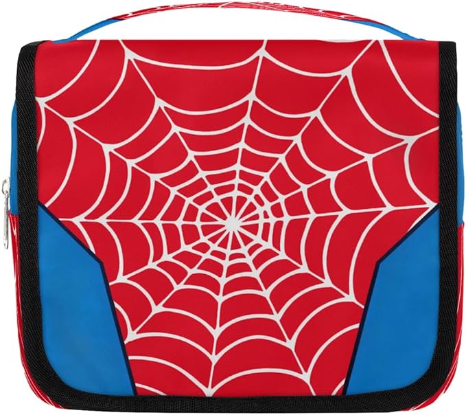 AUUXVA Kids Hanging Toiletry Bag for Boys - Waterproof Travel Cosmetic Organizer Makeup Pouch for Girls Shower Wash Bags with Hanging Hook Toiletries Storage Bag(Red Spider Web)