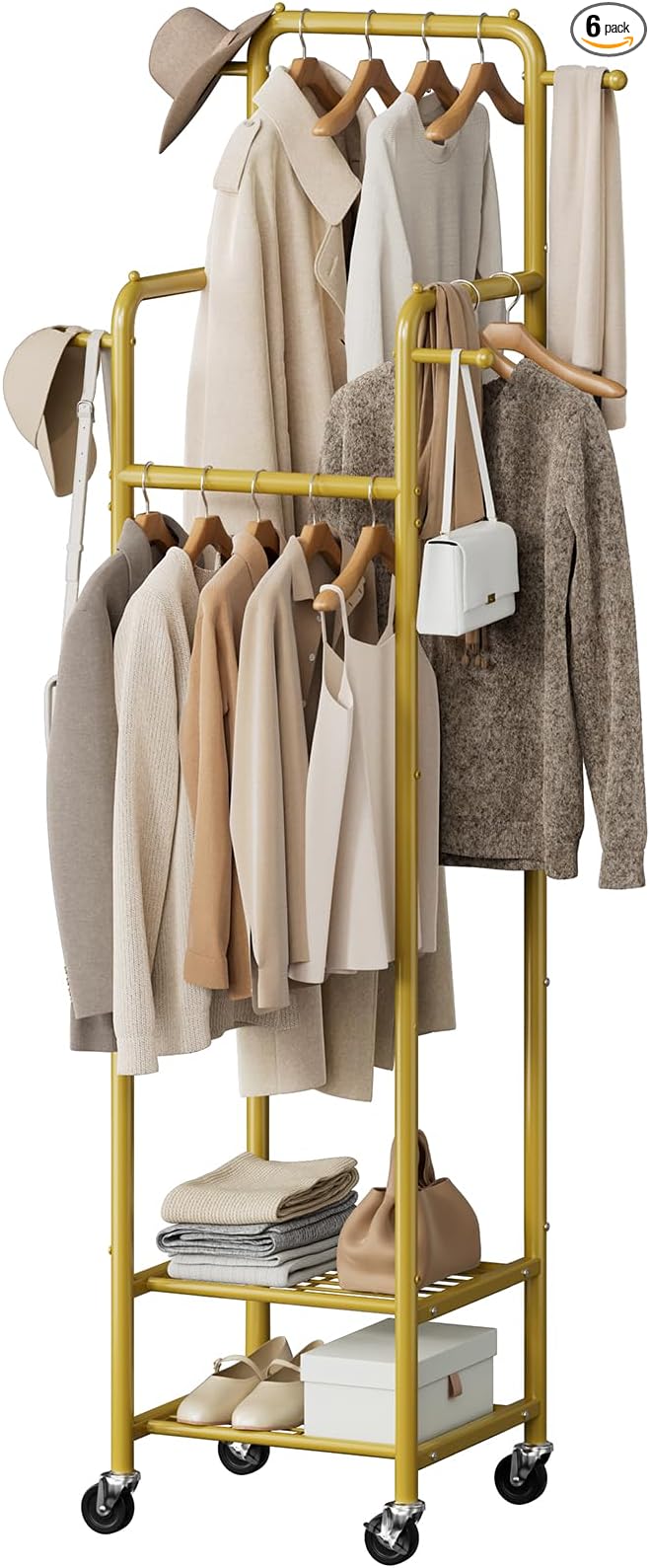 Chrislley Clothes Rack with Wheels, 71" Portable Clothing Rack with 2 Shelves and 4 Hooks, Small Rolling Garment Rack, 4 Hanging Rods Metal Coat Rack for Bedroom, Apartment, Entryway, Gold