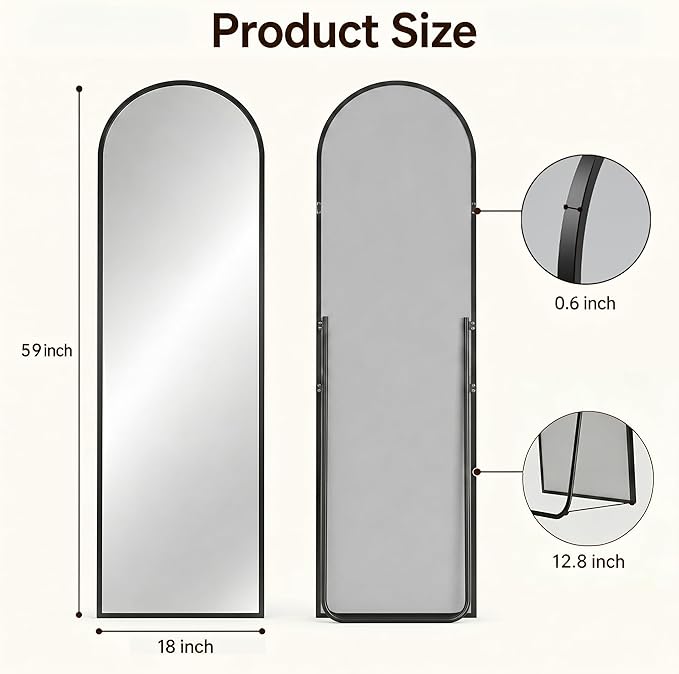 Antok Full Length Mirror, 59"x18.1" Floor Mirror with Stand, Hanging Mounted Mirrors for Bedroom, Living Room, Cloakroom, Dining Room, Black, Arched