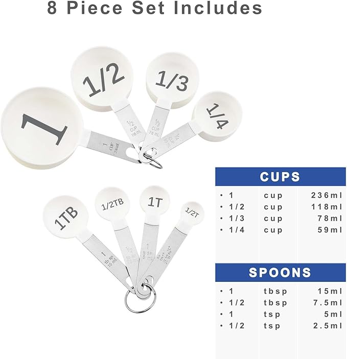 Easy to Read Measuring Cups & Spoons Set for Visually Impaired, Stackable Cups and Spoons, Nesting Measure Cups with Stainless Steel Handle (White)