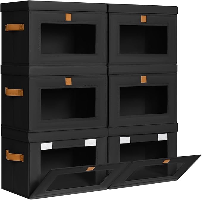 Homsorout Medium Fabric Storage bins - Closet Shelf Organizer with Open Window, 6 Pack Closet Baskets for Shelves, Stackable Decorative Boxes for Home, Dorm, Black, 13.7" x 9.8” x 9.8"