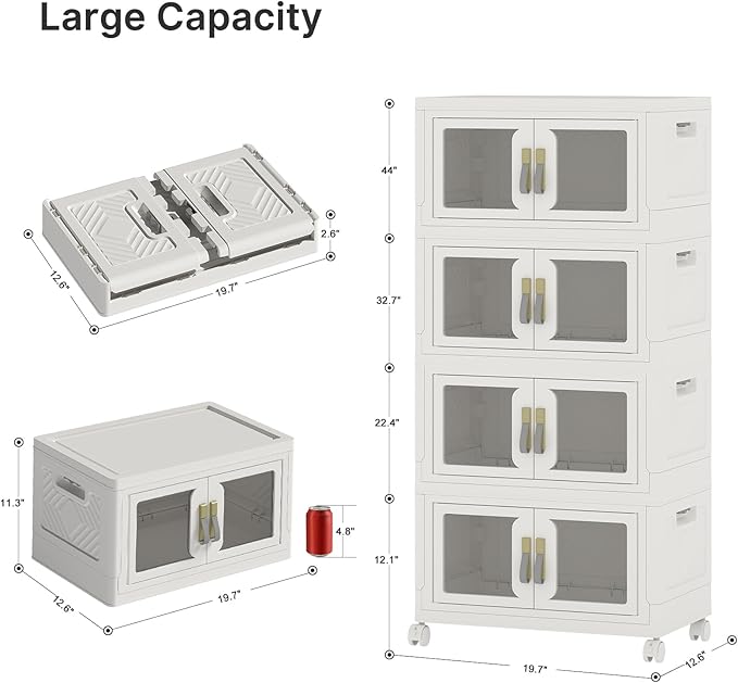 UAMFURI Stackable Storage Bins with Lids, Clear Doors, Large Storage Cabinet Foldable Collapsible Closet Organizers for Bedroom Dorm Office (4, White, 48, Quarts)