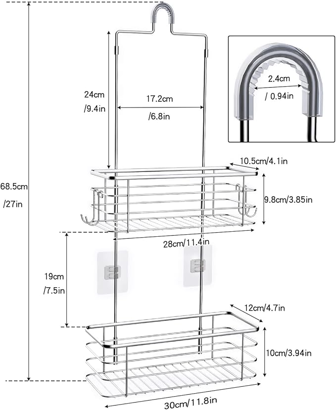 Hanging Shower Caddy, Stainless Steel, 2-Tier Bathroom Organizer Rack over Shower Head with 2 Hooks for Razor and Sponge