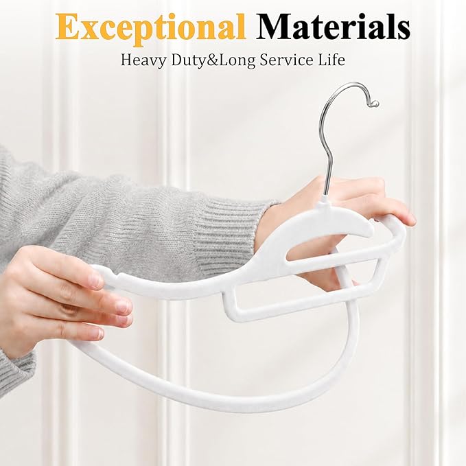 Velvet Hangers 50 Pack, S-Shaped and Stackable Non Slip with 360°Swivel Hook, Ultra Thin and Space Saving Flocked, for Suits, Shirts, Coats, 15Lbs Capacity Heavy Duty, White
