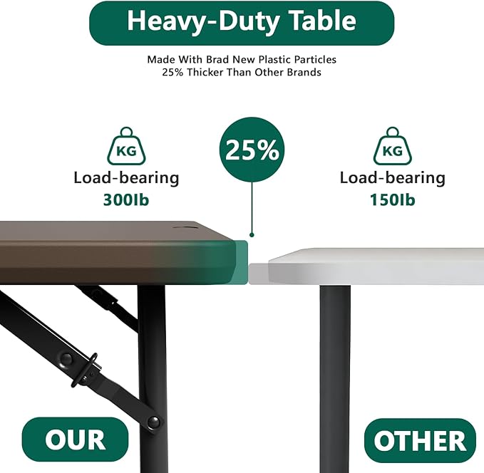 Folding Table 4FT Heavy Duty Plastic Table with Handle, Foldable&Portable, Fold-in-Half Utility Tables for Outdoor, Dining, Wedding, Events, Indoor, Picnic, Camping, Party, Brown