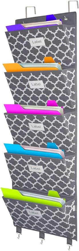 homyfort Over the Door File Organizer, Hanging File Folders, Wall Organizers and Storage for Mail, Magazine, Notebooks, Planners, Office, Classroom, 5 Extra Large Pockets (Grey Lantern Pattern)
