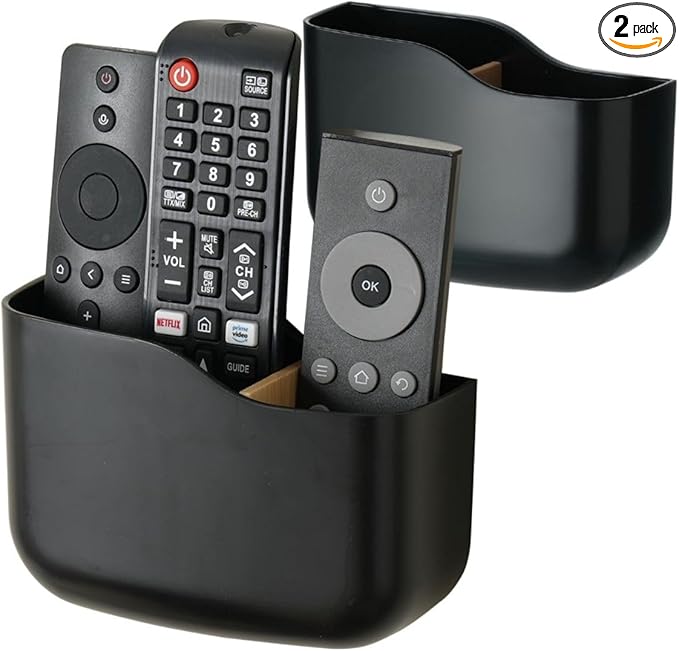 LINFIDITE 2 Pack Adhesive TV Remote Control Holder Wall Mount TV Remote Holder Wall Remote Control Caddy Storage Organizer Universal Controller Stand Box (For 2 Or 3 Remote Controls–Black