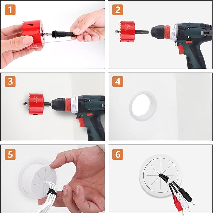 4 Pack TV Cord Hider for Wall Mounted TV, 2-3/8"(60mm Hole) Cord Hider for TV Wall, in Wall Cable Management Kit, Includes 4 Pass Throughs, 1 Hole Saw Drill Attachment & 10 Cable Ties for Easy Install