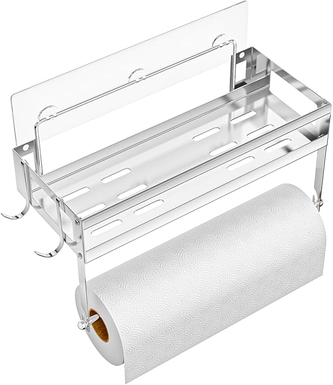ESOW Paper Towel Holder with Shelf Storage, 2-in-1 Wall Mounted Paper Towel Roll Rack Basket for Kitchen, Balcony & Bathroom, Self-Adhesive or Drilling Installation, SUS304 Brushed Nickel Finish