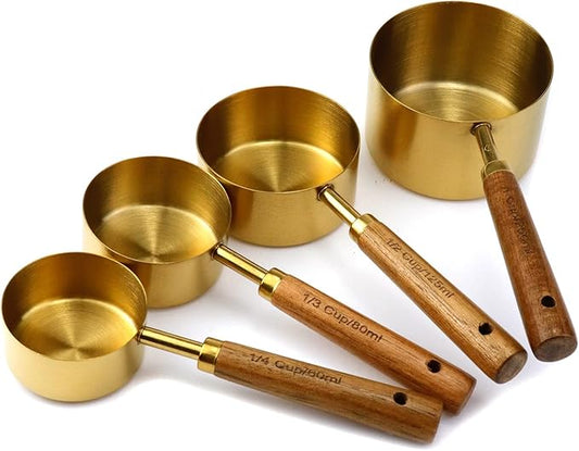 4 Piece Stainless Steel Measuring Cups with Wooden Handle, Measuring Cup Sets for Measuring Dry and Liquid Ingredients (4 Sizes - Gold)