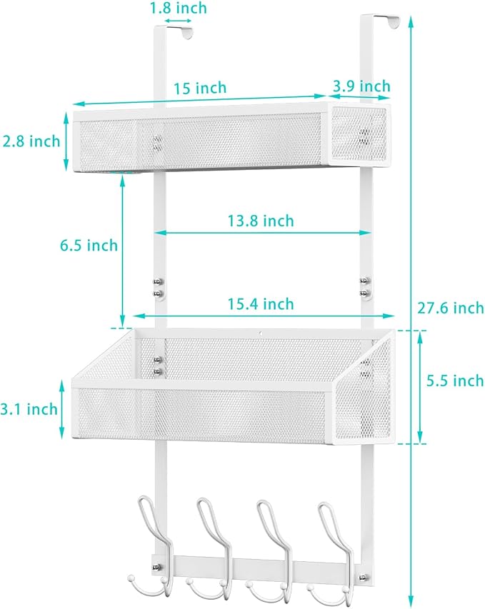 12-Hook Over Door Organizer with 2 Mesh Baskets Space-Saving 2-Tier Hanging Rack for Towels, Coats & Pantry Items, Heavy Duty Metal Storage for Bathroom, Kitchen & Bedroom, White