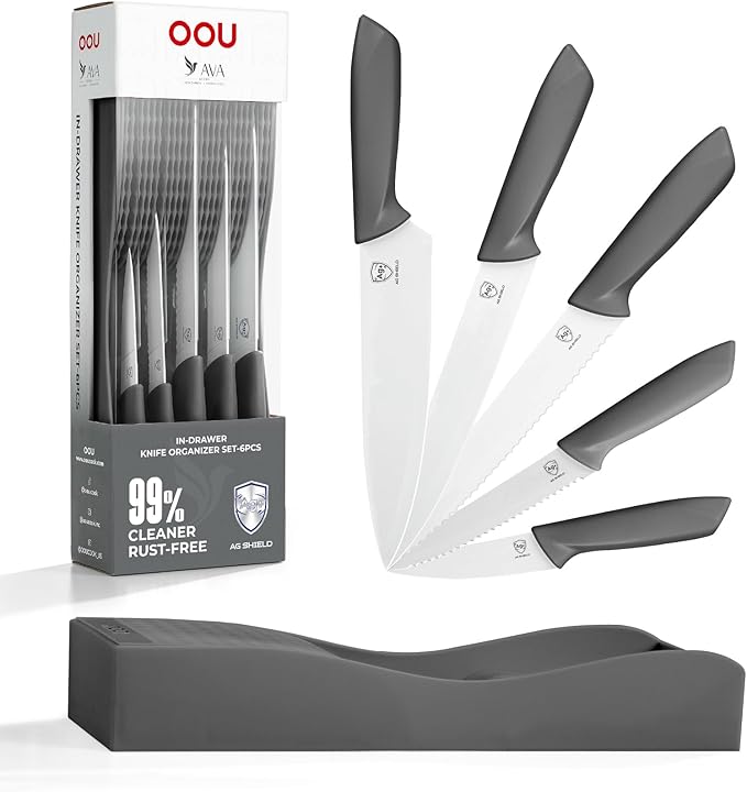OOU In-Drawer Kitchen Knife Set, Space-Saving Cutlery and Kitchen Organizer, Includes Chef, Bread, Santoku, Utility and Paring Knives, 6-Piece Knives Sets, Gray