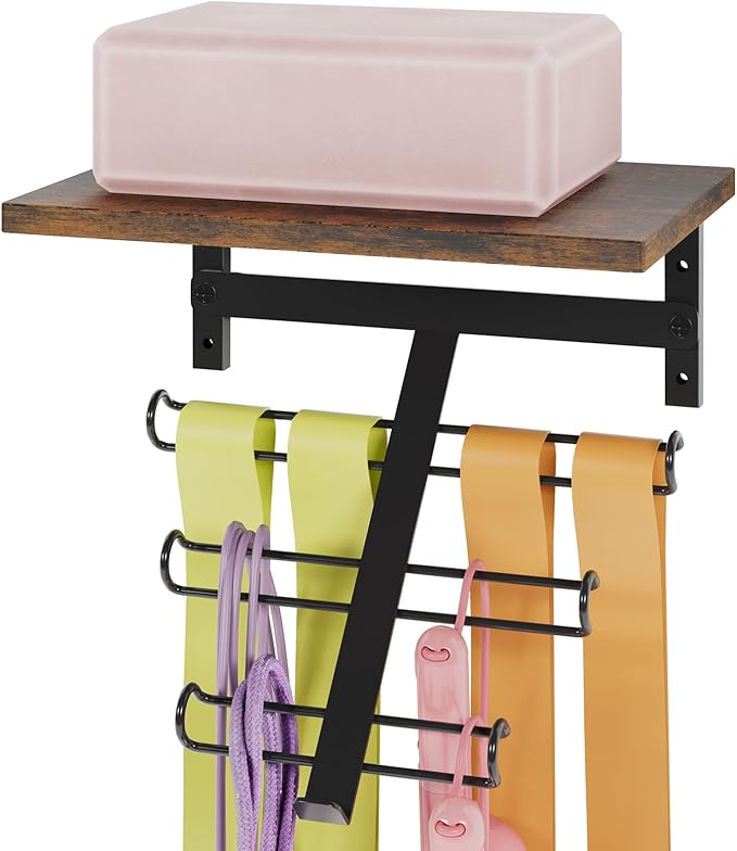 TJ.MOREE Resistance Rack Band Storage Hanger with Shelf Gym Equipment Organizer, Storage Rack for Home Gym, Brown
