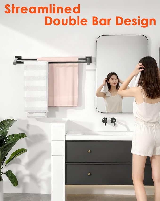 Alise Double Towel Bar, 24 Inch Towel Rack for Bathroom Wall Mounted, SUS304 Stainless Steel Bathroom Towel Holder Joining Process Towel Rail for Bathroom,Matte Black
